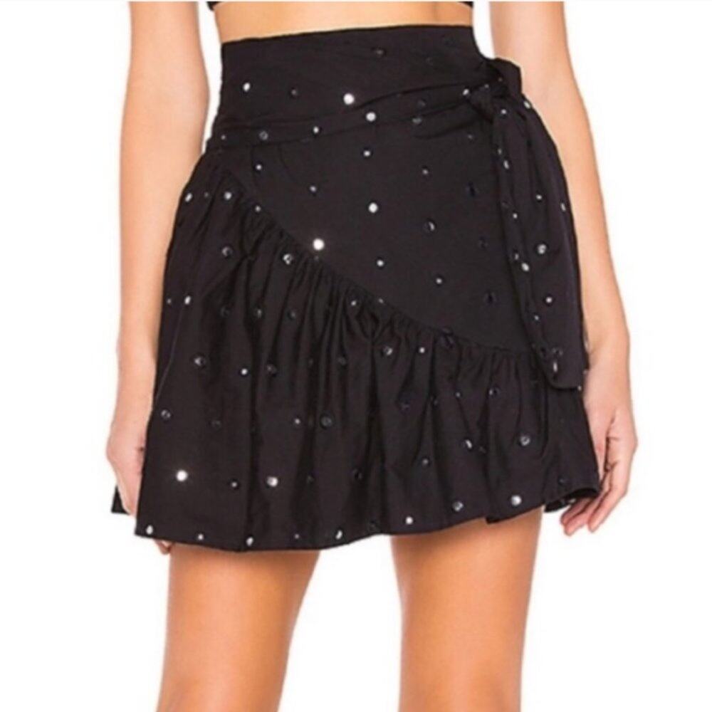 Lovers + Friends Bryant Ruffle Tie Mini Skirt Black Rhinestone Large
